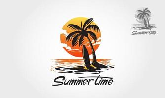 Sommerzeit-Vektor-Logo-Illustration. Wasserozeanwellen mit Sonne, Palme und Strand, für Restaurant und Hotel. Das Palm Beach-Logo ist vollständig anpassbar und kann leicht an Ihre Bedürfnisse angepasst werden.