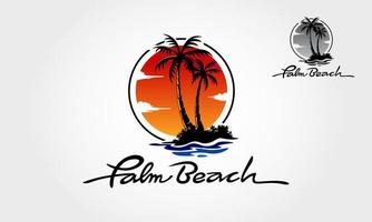 Palm Beach-Logo-Vorlage. Wassermeereswellen mit Sonne, Palme und Strand, für Restaurant und Hotellerie. Das Palm Beach-Logo ist vollständig anpassbar und kann leicht an Ihre Bedürfnisse angepasst werden. vektor