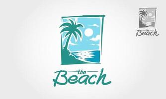 stranden vektor logotyp mall. panoramaillustrerad logotyp för fritidsklubb, tropiskt temakafé, resebyrå, fritidsställe.