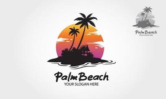 Palm Beach-Logo-Illustration. Wasserozeanwellen mit Sonne, Palme und Strand, für Restaurant und Hotel.