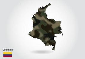 kolumbienkarte mit tarnmuster, wald - grüne textur in der karte. militärisches konzept für armee, soldat und krieg. Wappen, Flagge. vektor