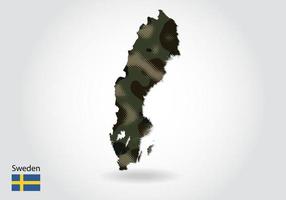 sverigekarta med kamouflagemönster, skog - grön struktur i kartan. militärt koncept för armé, soldat och krig. vapensköld, flagga. vektor