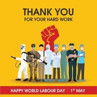 danke an alle mitarbeiter für ihre harte arbeit mit dem vektor und dem orangefarbenen hintergrund. glücklicher weltarbeitstag, 1. mai.