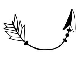 Vektor-Illustration eines Pfeils für einen Bogen. der Ausleger ist gewölbt. isoliertes Bild eines Pfeils auf weißem Hintergrund. Boho-Stil, Pfeil mit Feder. Gekritzelillustration