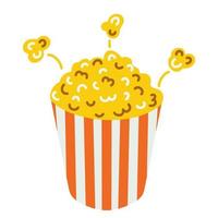 Vektor-Illustration von Popcorn. ein isoliertes Bild eines Snacks auf weißem Hintergrund. Popcorn in einer Schachtel mit roten und weißen Streifen. niedlicher flacher Stil, Cartoon vektor