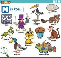 bokstaven m ord pedagogisk set med seriefigurer vektor