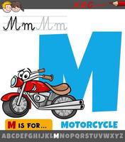 buchstabe m aus dem alphabet mit zeichentrickfigur motorrad vektor