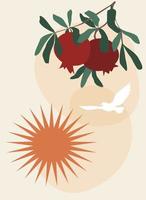 ein Zweig mit Granatapfelfrüchten und -blättern. ein fliegender Vogel und eine aufgehende Sonne