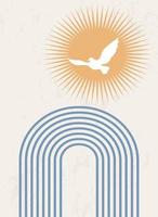 abstraktes Poster mit geometrischen Formen und Linien. Regenbogendruck und Sonne mit Vogel, Boho-Stil vektor