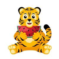 söt liten tiger karaktär äta vattenmelon isolerade. glad unge tecknad randig tiger med mat. vektor