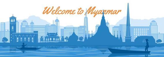 myanmar berömda landmärke siluettstil bakom floden och båten och framför tornen vektor