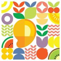 geometrisk sommar färsk frukt skär konstverk affisch med färgglada enkla former. skandinavisk stil platt abstrakt vektor mönsterdesign. minimalistisk illustration av en mogen mango på en vit bakgrund.