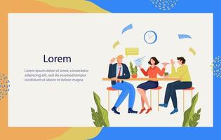 Landing Page Template Teamarbeit und erfolgreiche Zusammenarbeit mit Menschen Zeichentrickfiguren, die zusammenarbeiten. partnerschaft und business brainstorming treffen webbanner, flache vektorillustration. vektor