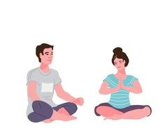 ett par unga människor, man och kvinna tränar yoga och sitter i den meditativa avslappnande ställningen. begreppet aktivitet och en hälsosam livsstil platt vektorillustration isolerad på vit bakgrund vektor