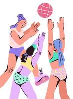 Damen-Beachvolleyball- oder Basketballspieler im trendigen Cartoon-Stil. sportwettbewerb und sommeraktivitäten mit mädchenzeichentrickfiguren, die mit ball spielen. flache vektorillustration isoliert.