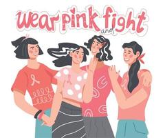 kvinnor bär rosa band och t-shirts - banderoll för bröstcancerdag. motiverande slogan för att bekämpa cancer, socialt stöd, solidaritet och välgörenhet. platt vektorillustration isolerade. vektor