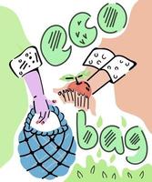 händer som håller eco bag och putong ekologiskt rena livsmedel i den, skissar tecknad illustration i doodle stil. ingen plast och återvinningsbanner. miljövänliga varor och noll avfall. vektor