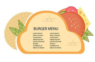 Burger-Menüvorlage mit Hamburger-Schild und Platz für Text. Fast-Food-Küche-Restaurant oder Café-Menükarte Mockup-Design. flache vektorillustration isoliert. vektor