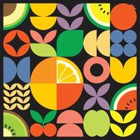 geometrisk sommar färsk frukt skär konstverk affisch med färgglada enkla former. platt abstrakt vektormönsterdesign i skandinavisk stil. minimalistisk illustration av citrusapelsiner på en svart bakgrund. vektor