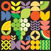 geometrisk sommar färsk frukt skär konstverk affisch med färgglada enkla former. skandinavisk stil platt abstrakt vektor mönsterdesign. minimalistisk illustration av gröna druvor på en svart bakgrund.