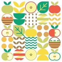 Apple-Symbol abstrakte Kunstwerke. Designillustration von bunten Apfelmustern, Blättern und geometrischen Symbolen im minimalistischen Stil. ganze Früchte, geschnitten und gespalten. einfacher flacher Vektor auf weißem Hintergrund.