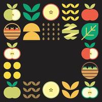 äpple ram abstrakt konstverk. designillustration av färgglada äpplemönster, löv och geometriska symboler i minimalistisk stil. hel frukt, skuren och delad. enkel platt vektor på en svart bakgrund.