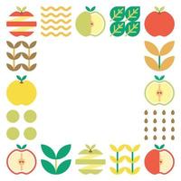Apfelrahmen abstrakte Kunstwerke. Designillustration von bunten Apfelmustern, Blättern und geometrischen Symbolen im minimalistischen Stil. ganze Früchte, geschnitten und gespalten. einfacher flacher Vektor auf weißem Hintergrund.
