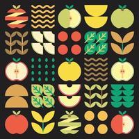 Apple-Symbol abstrakte Kunstwerke. Designillustration von bunten Apfelmustern, Blättern und geometrischen Symbolen im minimalistischen Stil. ganze Früchte, geschnitten und gespalten. einfacher flacher Vektor auf schwarzem Hintergrund.