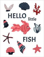 Meeresplakat und Postkarte für Kinder. Cartoon-Meerestiere, Fische, Algen und Muscheln. geeignet für Grußkartendesign, T-Shirt-Design, Kinderzimmerdekoration. Vektor. vektor