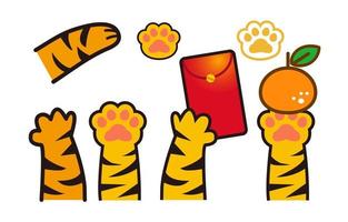 Tiger, die ihre Pfoten auf Mandarine legen, Feuerwerkskörperdekoration und ein mit Münzen gefüllter roter Umschlag vektor