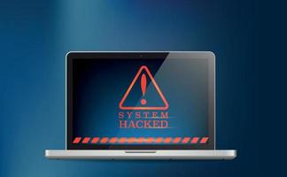 Laptop ist gehackt. rotes aufmerksamkeitszeichen auf dem computerbildschirm. das konzept von virus, piraterie, hacking und sicherheit. blauer Hintergrund mit Farbverlauf. Poster. Vektor-Illustration