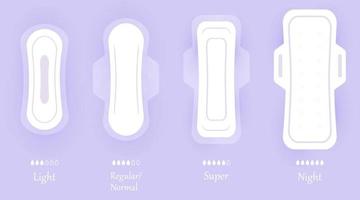 Damenhygienepads. Reihe von Vektorsymbolen isoliert auf violettem Hintergrund mit Schatten. verschiedene Größen von Produkten für Damenbinden. persönliche hygieneelemente im flachen stil. vektor