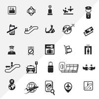 Reihe von Flughafen-Vektorsymbolen und einem Logo, isoliert auf schwarzem Hintergrund vektor