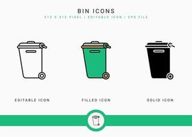 bin-symbole setzen vektorillustration mit solidem symbollinienstil. Staub-Müllkorb-Konzept. editierbares Strichsymbol auf isoliertem Hintergrund für Webdesign, Benutzeroberfläche und mobile App vektor