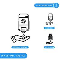 handwäsche-symbole setzen vektorillustration mit solidem symbollinienstil. hygienekonzept für antivirenflaschen. editierbares Strichsymbol auf isoliertem Hintergrund für Webdesign, Infografik und ui mobile App. vektor