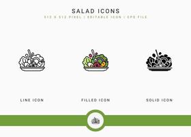 Salatsymbole setzen Vektorillustration mit solidem Symbollinienstil. vegetarisches Ernährungskonzept. editierbares Strichsymbol auf isoliertem weißem Hintergrund für Webdesign, Benutzeroberfläche und mobile Anwendung vektor