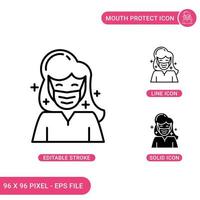 mun skydda ikoner set vektor illustration med solid ikon linje stil. kvinna ansiktsmask koncept. redigerbar strokeikon på isolerad bakgrund för webbdesign, infographic och ui-mobilapp.