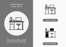 Arbeitsplatzsymbole setzen Vektorillustration mit solidem Symbollinienstil. Schreibtisch-Symbol. editierbares Strichsymbol auf isoliertem Hintergrund für Webdesign, Infografik und ui mobile App. vektor