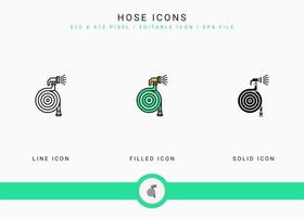 Schlauchsymbole setzen Vektorillustration mit solidem Symbollinienstil. Pflanzengarten-Landwirtschaftskonzept. editierbares Strichsymbol auf isoliertem Hintergrund für Webdesign, Benutzeroberfläche und mobile App vektor