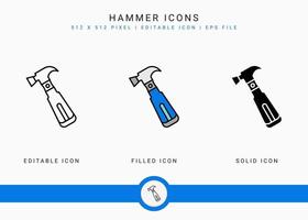 Hammersymbole setzen Vektorillustration mit solidem Symbollinienstil. Konzept für den Bau von Tischlerwerkzeugen. editierbares Strichsymbol auf isoliertem Hintergrund für Webdesign, Benutzeroberfläche und mobile Anwendung vektor