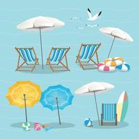 Set aus Sonnenschirmen, Liegestühlen und Strandausrüstungssymbolen auf pastellblauem Hintergrund vektor