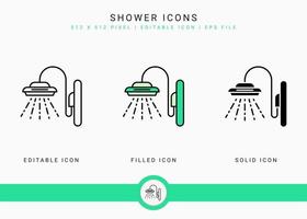 Duschsymbole setzen Vektorgrafiken mit Symbollinienstil. Duschsprinkler Badezimmerkonzept. editierbares Strichsymbol auf isoliertem weißem Hintergrund für Webdesign, Benutzeroberfläche und mobile Anwendung vektor