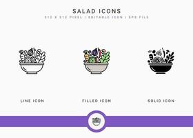 Salatsymbole setzen Vektorillustration mit solidem Symbollinienstil. pflanzliche Ernährung Ernährungskonzept. editierbares Strichsymbol auf isoliertem weißem Hintergrund für Webdesign, Benutzeroberfläche und mobile App vektor