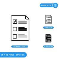 Formularsymbole setzen Vektorillustration mit solidem Symbollinienstil. Dokument-Checklisten-Konzept. editierbares Strichsymbol auf isoliertem Hintergrund für Webdesign, Infografik und ui mobile App. vektor