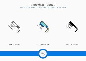 dusch ikoner som vektor illustration med ikon linje stil. dusch sprinkler badrum koncept. redigerbar streckikon på isolerad vit bakgrund för webbdesign, användargränssnitt och mobilapplikation