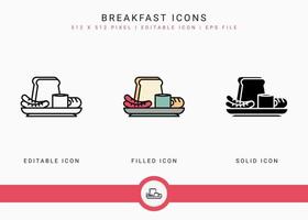 frukost ikoner som vektor illustration med solid ikon linje stil. bröd och korv mat tallrik koncept. redigerbar strokeikon på isolerad bakgrund för webbdesign, infographic och ui-mobilapp.