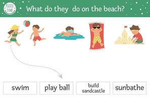 sommer passende aktivität kinder, die am strand spielen. Vorschulpuzzle für den Urlaub am Meer. süßes exotisches Lernrätsel. finde das richtige wort druckbares arbeitsblatt. Einfaches Sprachferienspiel für Kinder vektor