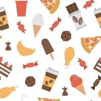 Nahtloses Muster mit Junk-Food- und Getränkesymbolen. Vektorwiederholungshintergrund mit Eis, Pizza, süßen Produkten, Schokolade, Süßigkeiten, Gebäck. flache handgezeichnete ungesunde ernährungsbeschaffenheit. vektor