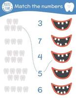passendes Spiel mit Zähnen und Mund. Zahnpflege-Mathe-Aktivität für Kinder im Vorschulalter. arbeitsblatt zum zählen der zahnklinik. Lernrätsel mit niedlichen lustigen Elementen für Kinder. vektor