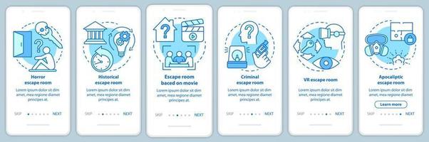 escape room typer turkos onboarding mobil app sidskärm med linjära koncept. quest spelkategorier. genomgångsgrafiska instruktioner. ux, ui, gui vektormall med illustrationer vektor